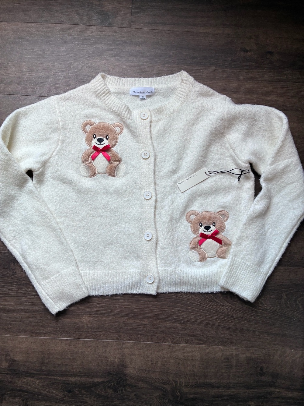 Threaded Leaf Teddy Bear Cardigan Women’s M NWT Coquette Bow Fuzzy Knit